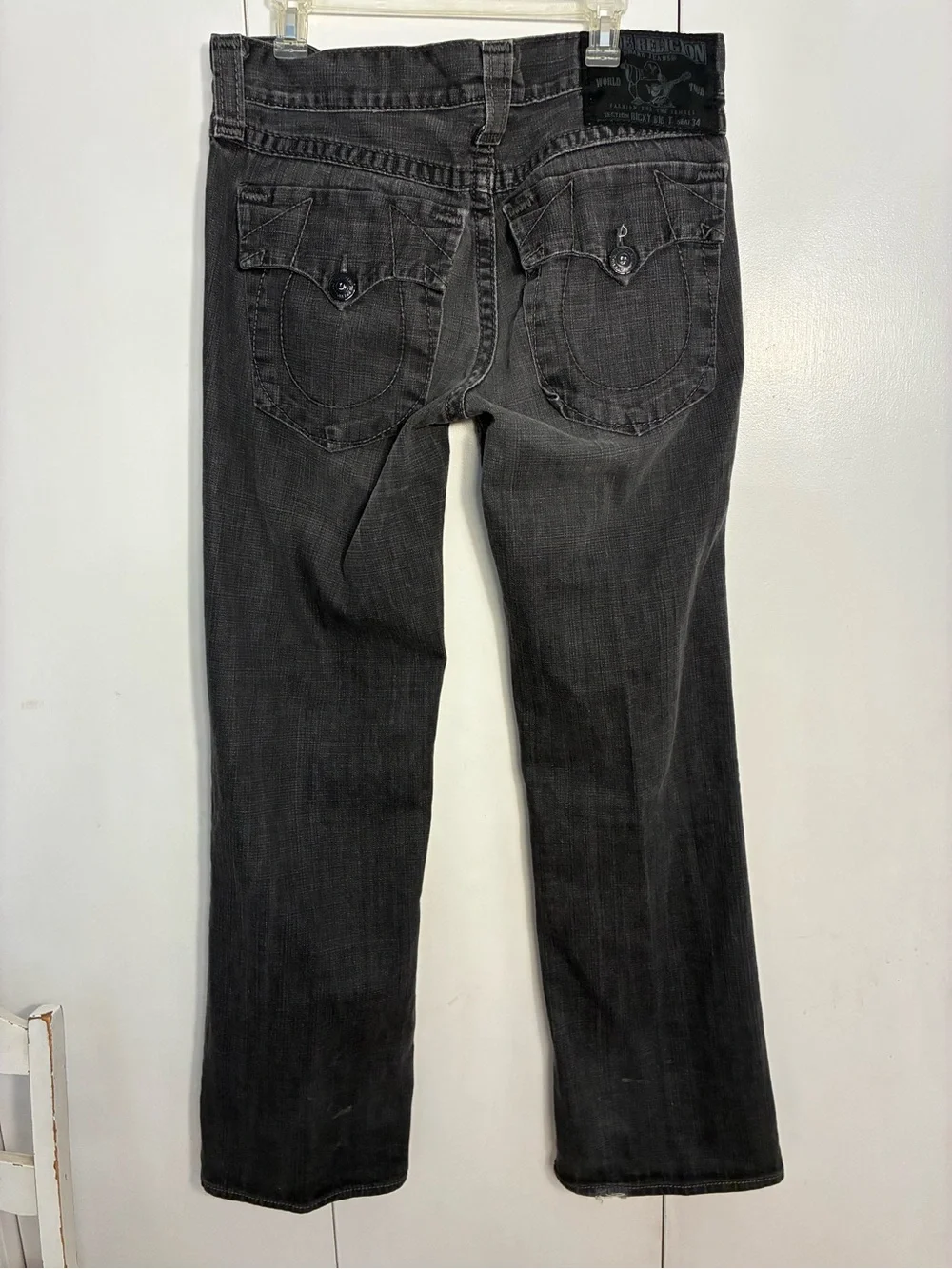True Religion Jeans Men 36x32  Ricky Big T Flap Pockets Faded Black Grunge